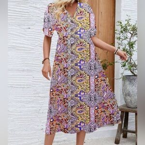 Women's Midi V-Neck Dress. Pink Paisley Sz. 12 EUC